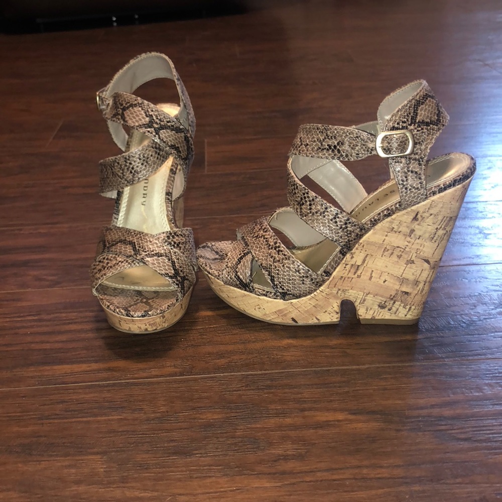 Size 7 and 1/2, snake print wedges